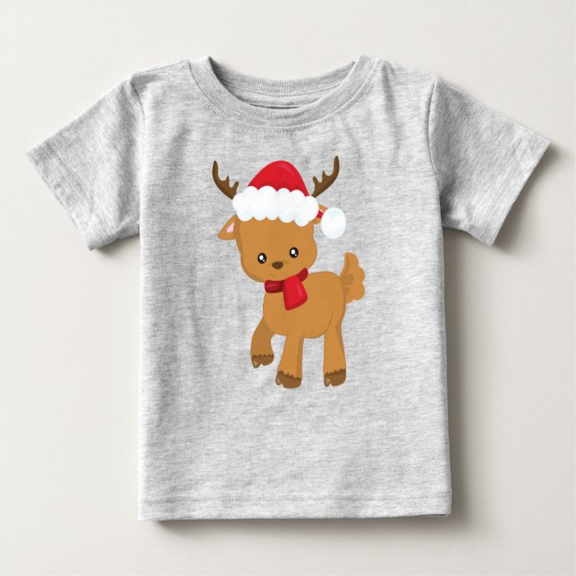 Camiseta Reindeer de Natal, Reindeer Bonito, Santa Hat (Frente)