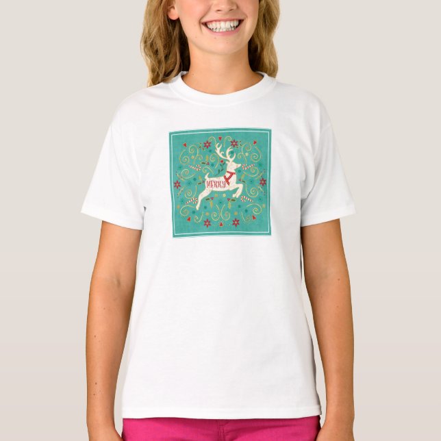 Camiseta Reindeer de Teal de Feriado de feliz (Frente)