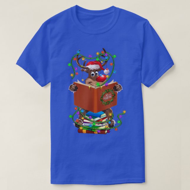 Camiseta Reindeer Lendo Livros Luzes de Natal Ornamentos (Frente do Design)