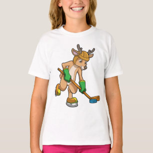 Camiseta Reindeer no hóquei no gelo com bastão de hóquei
