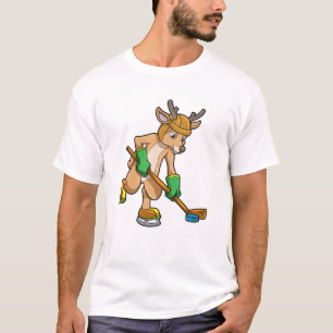 Camiseta Reindeer no hóquei no gelo com bastão de hóquei no