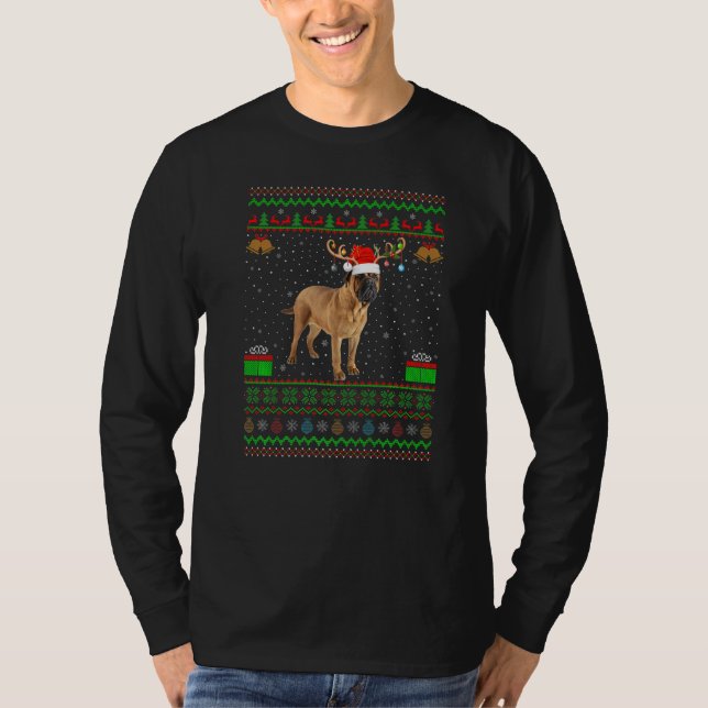 Camiseta Reindeer Santa Hat Matching Ugly Bullmastiff Chris (Frente)
