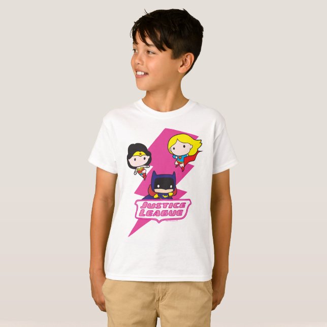 Camiseta Relâmpago Rosa da Liga da Justiça Chibi (Frente Completa)