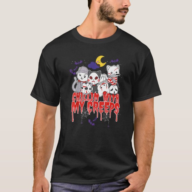 Camiseta Relaxando Com Meus Gatos Assustadores Gato Horror  (Frente)