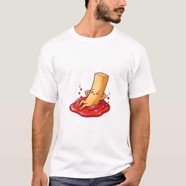 Camiseta Relaxed French Fry Character Lounging in Ketchup (Frente)
