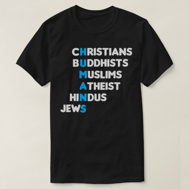 Camiseta Religião Humana Hindu, muçulmana cristã e budista (Frente do Design)