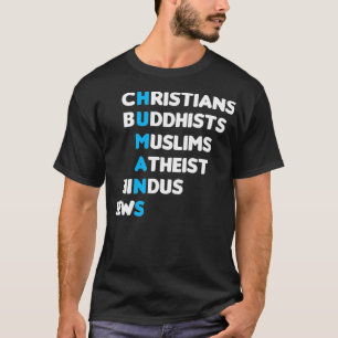 Camiseta Religião Humana Hindu, muçulmana cristã e budista