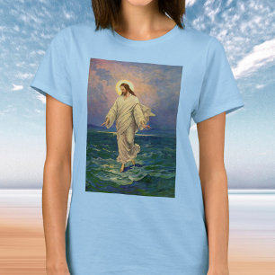 Camiseta Religião Vintage, Cristo de Jesus caminha sobre ág