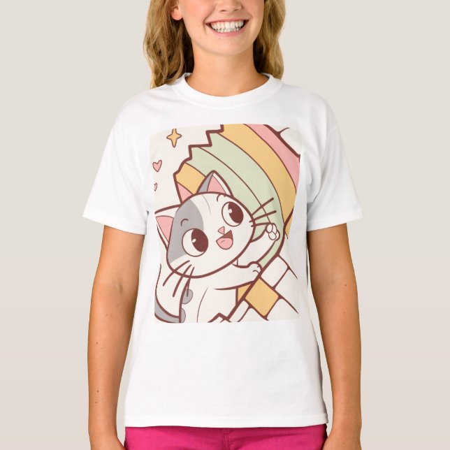 Camiseta Relógio de parede do gato Kawaii fofo  (Frente)