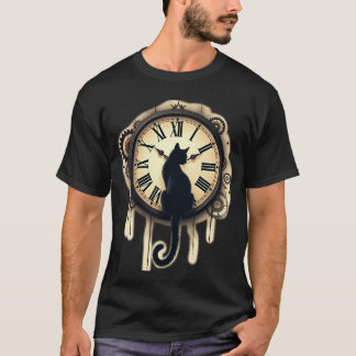 Camiseta Relógio Ornado Silhueta de Gato Preto Steampunk