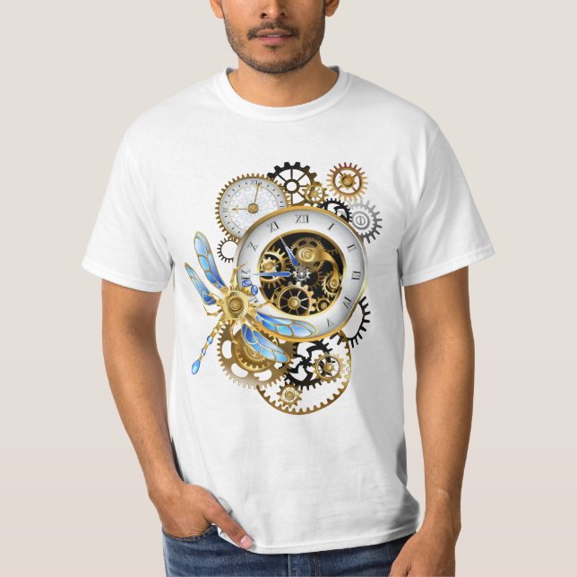 Camiseta Relógio Steampunk com Dragonfly Mecânica (Frente)