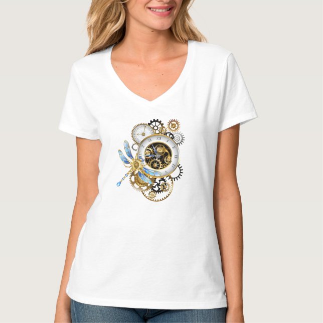 Camiseta Relógio Steampunk com Dragonfly Mecânica (Frente)