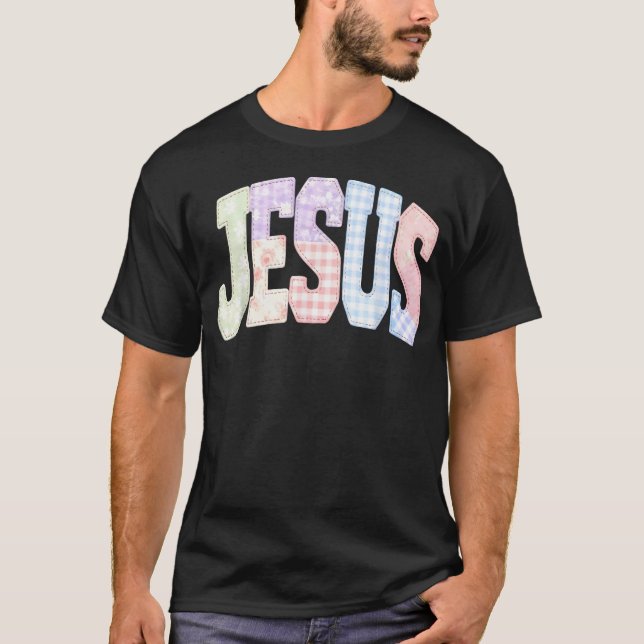 Camiseta Remendo Cristão de Patchwork Amen Jesus Citação Fé (Frente)