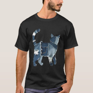 Camiseta Remendo de Denim Retrô Arte de Impressão de Gato F