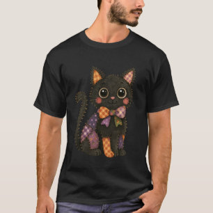 Camiseta Remendo de Gato Preto Outono Aconchegante Temporad