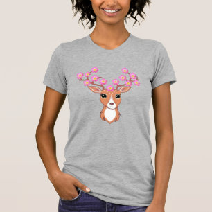 Camiseta Rena adorável com Flores Rosa
