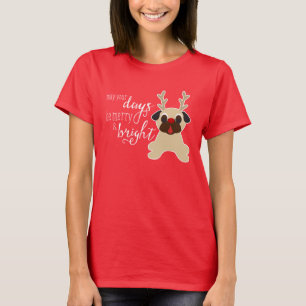 Camiseta Rena alegre e brilhante do Natal do Pug da jovem