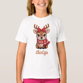 Camiseta Rena Bebê Fofa Com Cachecol Vermelho Aquarela
