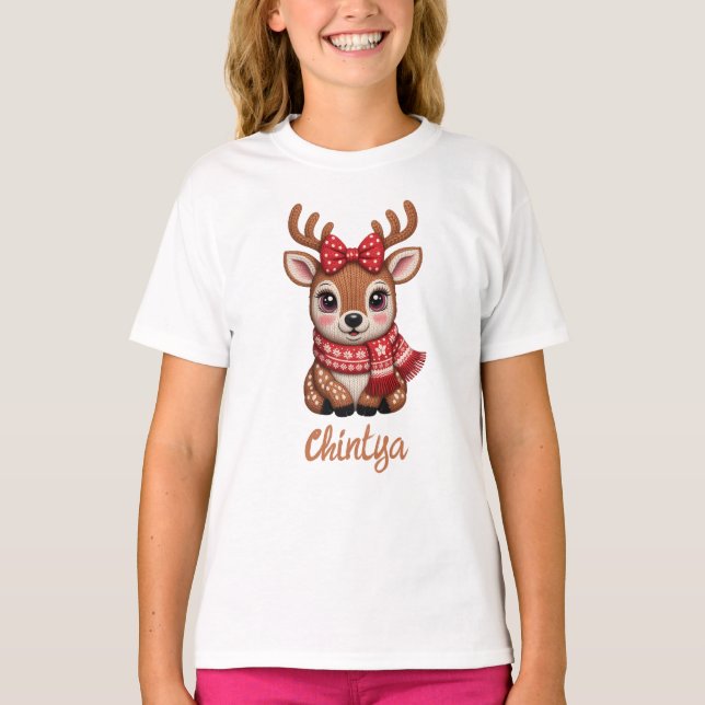 Camiseta Rena Bebê Fofa Com Cachecol Vermelho Aquarela (Frente)