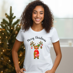Camiseta Rena Cuta Com Enfeites de natal Com Texto