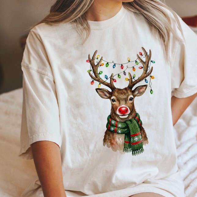 Camiseta Rena de Aquarela Fofa Com Luzes de Natal (Criador carregado)