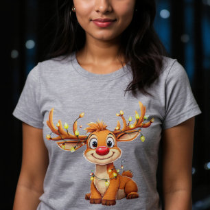 Camiseta Rena de desenho animado com nariz vermelho e luzes