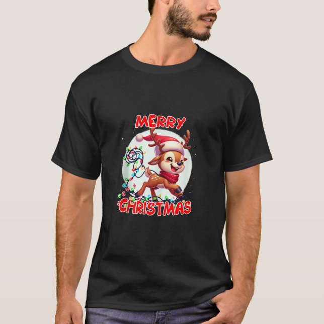Camiseta Rena de Natal Alegre Enroscada em Luzes de Natal (Frente)