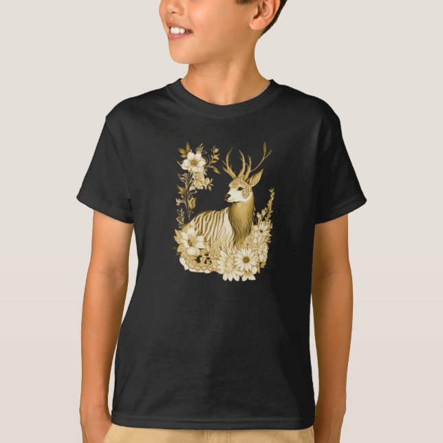 Camiseta Rena de Natal Floral Dourada (Frente)