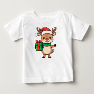 Camiseta Rena de Natal Fofa Segurando um Presente