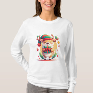 Camiseta Rena de Natal Fofa Segurando um Presente