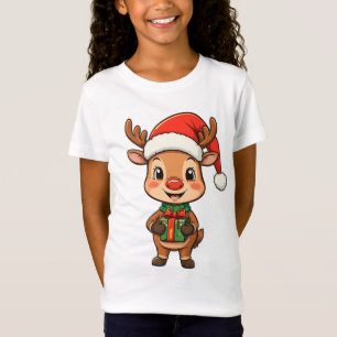 Camiseta Rena de Natal Fofa Segurando um Presente