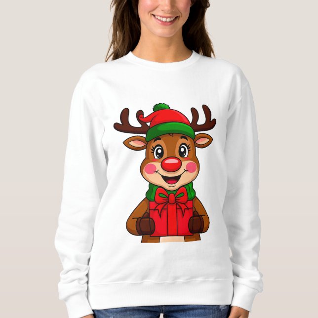 Camiseta Rena de Natal Fofa Segurando um Presente (Frente)