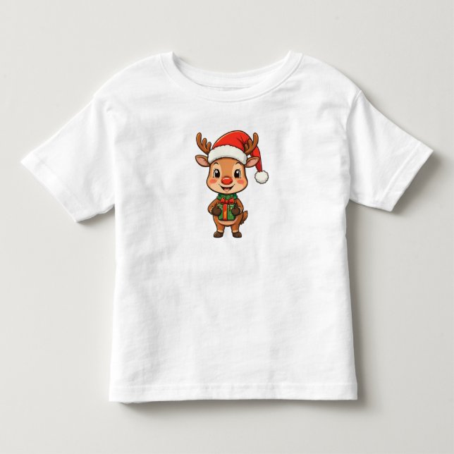 Camiseta Rena de Natal Fofa Segurando um Presente (Frente)