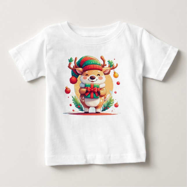 Camiseta Rena de Natal Fofa Segurando um Presente (Frente)