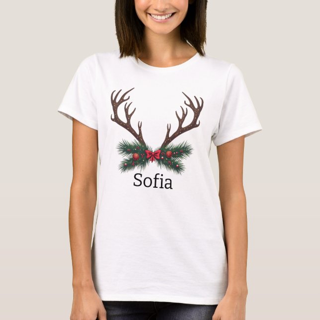 Camiseta rena de natal personalizou seu nome (Frente)