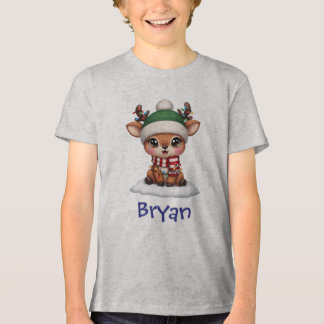 Camiseta Rena Fofa Com Gorro Verde de Inverno Arte de Inver