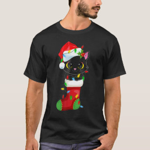 Camiseta Rena Santa Chapéu Gato Preto Luzes de Natal Fofo