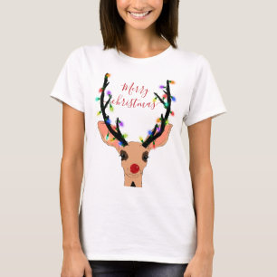 Camiseta Rena Vermelha Cria Veado Brilhante Luzes De Natal