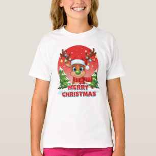 Camiseta Renas de Natal Fofas com Enfeites de Chapéu de Pap