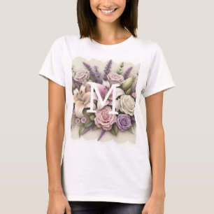 Camiseta Renda monograma floral rosas roxas lírios lavanda 