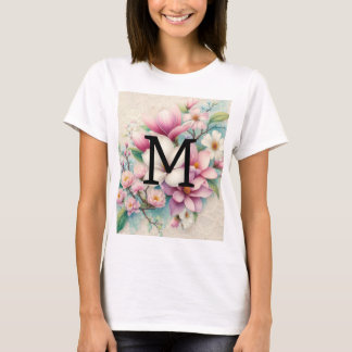 Camiseta Renda monograma flores de magnólia rosa roxo 