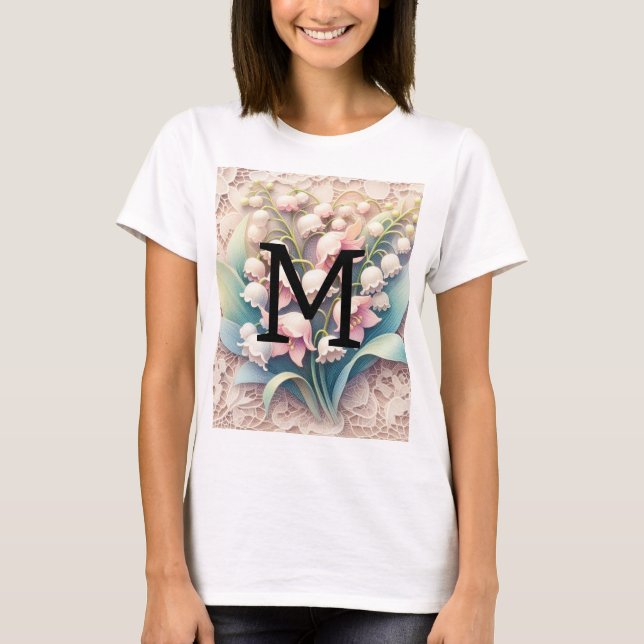 Camiseta Renda monograma lírios brancos das flores do vale  (Frente)