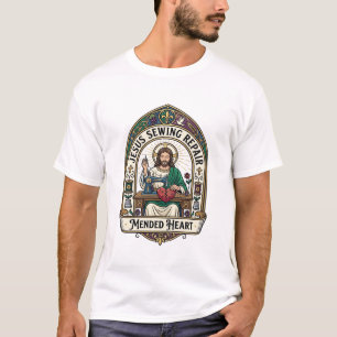 Camiseta Reparo de Costura de Jesus Coração Remendado Repar