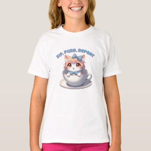 Camiseta Repetição de Sip Purr de Gato de Animação