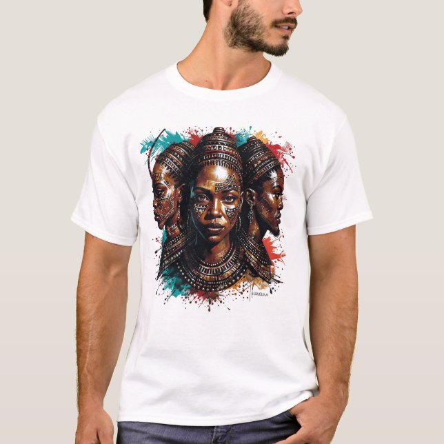 Camiseta Representação artística de três mulheres com rosto (Frente)