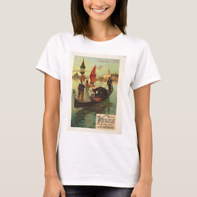 Camiseta Reprodução de um anúncio de Poster no Leste (Frente)