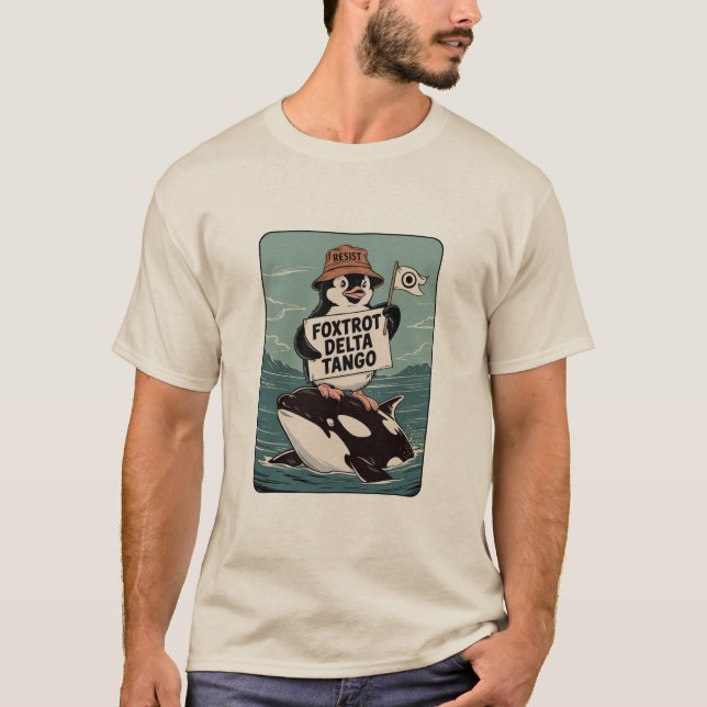 Camiseta Resistência ao Ativismo Pinguim Protesto Vintage (Frente)