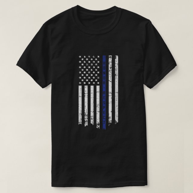 Camiseta Respeitar Policial Thin Blue Line Flag (Frente do Design)