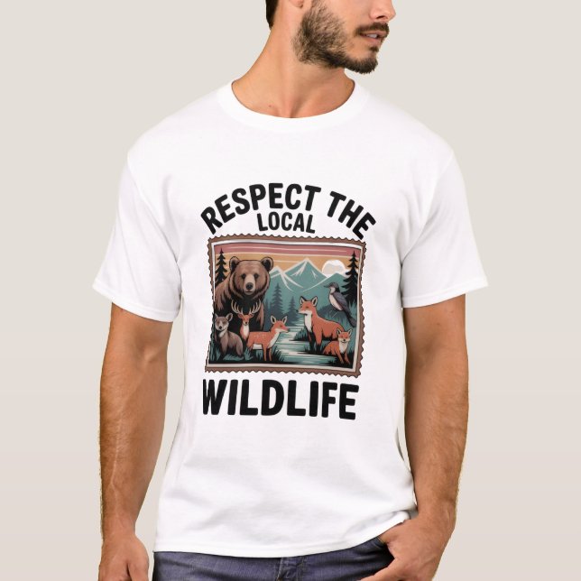 Camiseta Respeite a Vida Selvagem Local – Selos para Amante (Frente)