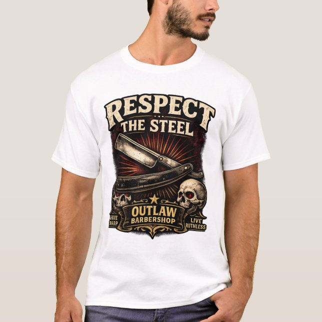 Camiseta Respeite o Aço – Design de Navalha Reta (Frente)